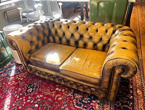 Green leather chesterfield - leather,